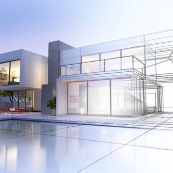 3D rendering of a luxurious villa with contrasting realistic rendering and wireframe